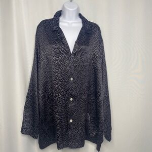 Iris Silks Women XL Black White Polka Dot 100% Silk Button Down Pajama Shirt Top